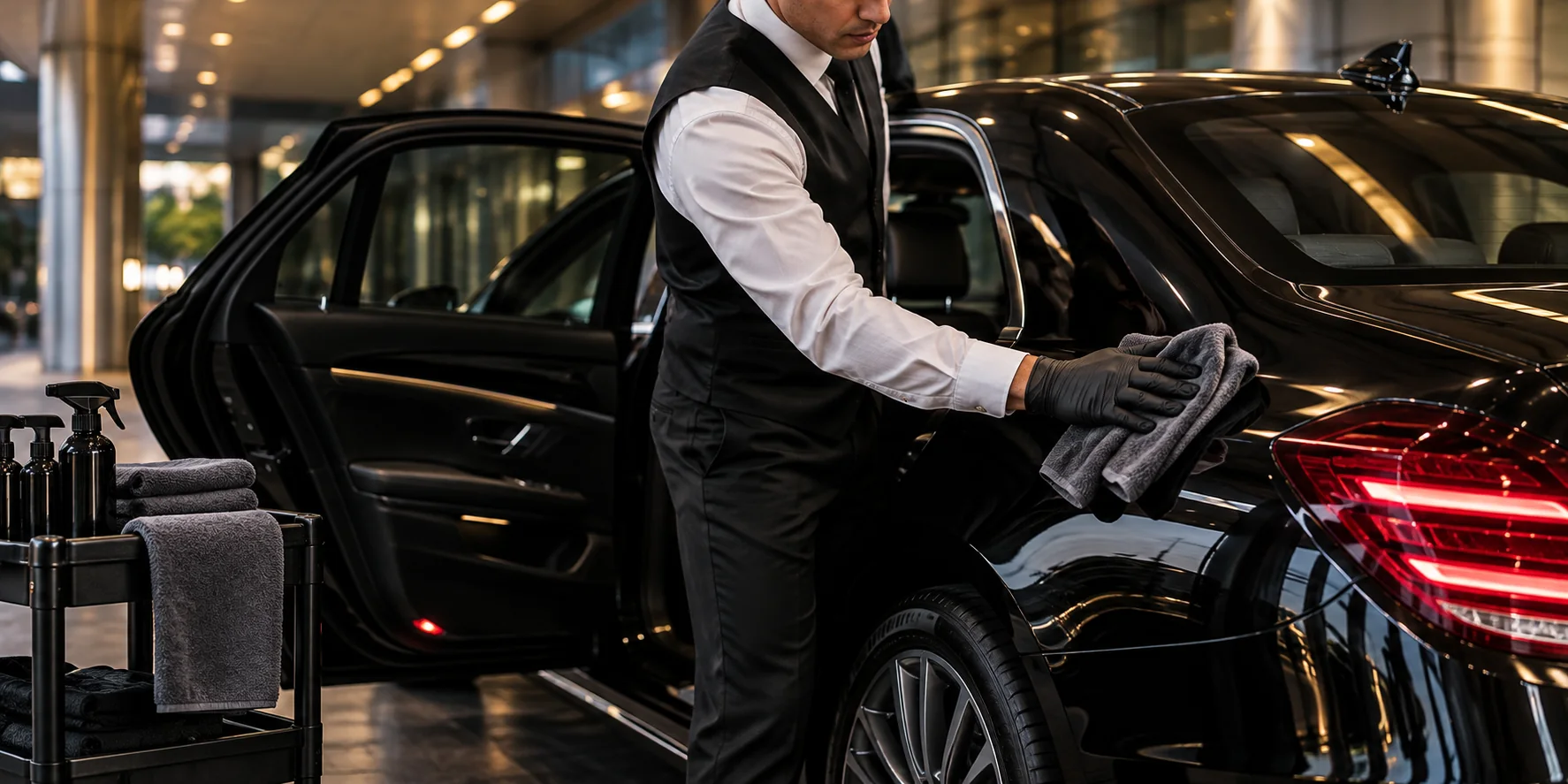Chauffeur wiping down the rear door of a black sedan before an airport pickup