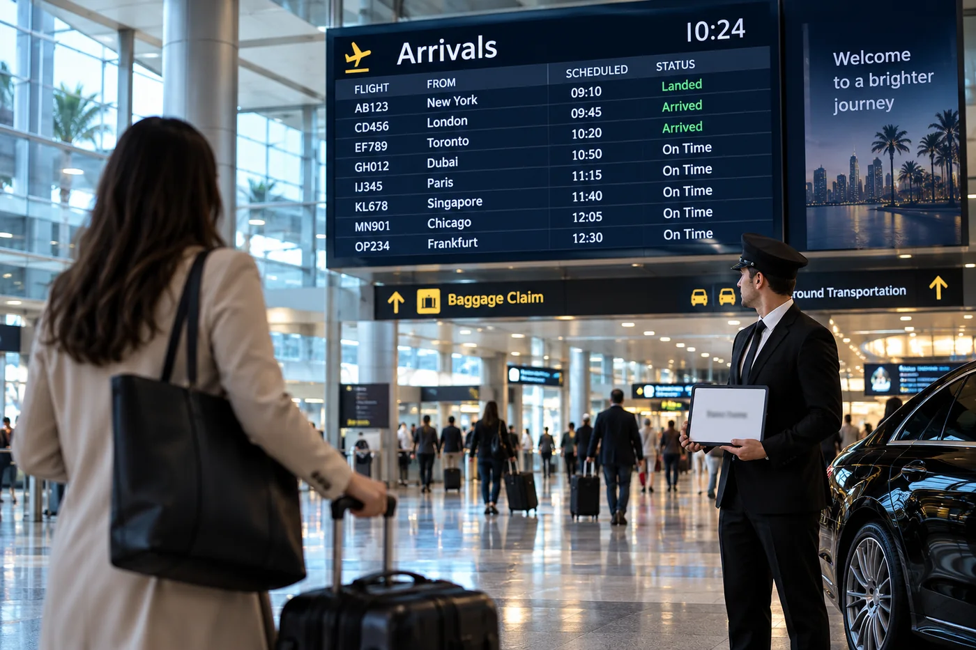 Traveller arriving at the airport terminal with a chauffeur waiting at the exit holding a name sign
