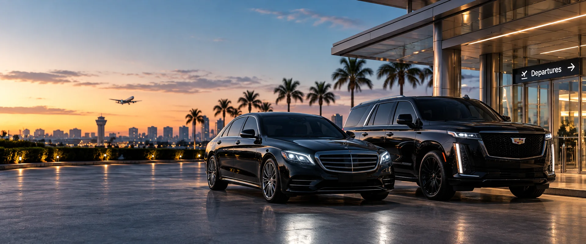 Black sedan and black SUV parked side by side outside a South Florida airport terminal