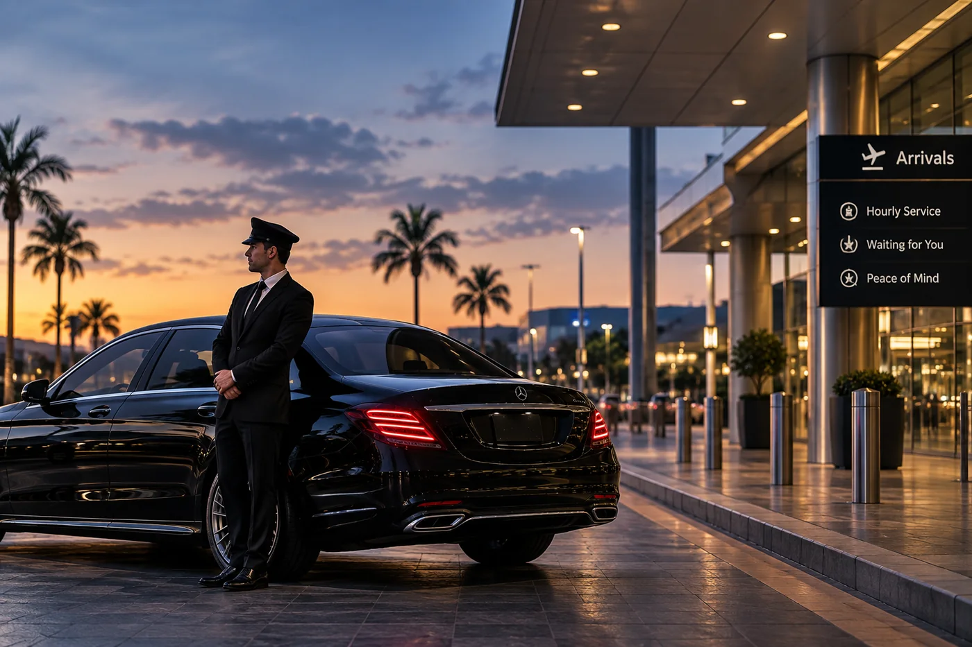 Chauffeur waiting beside a black sedan at the airport arrivals kerb at dusk