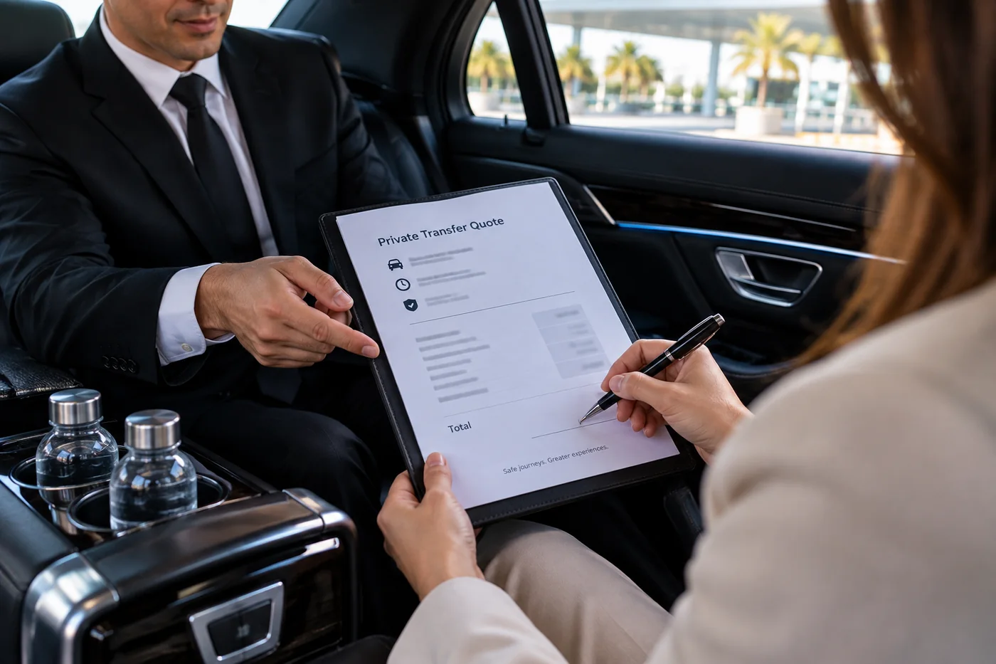 Passenger reviewing a written transfer quote in the back seat of a black sedan
