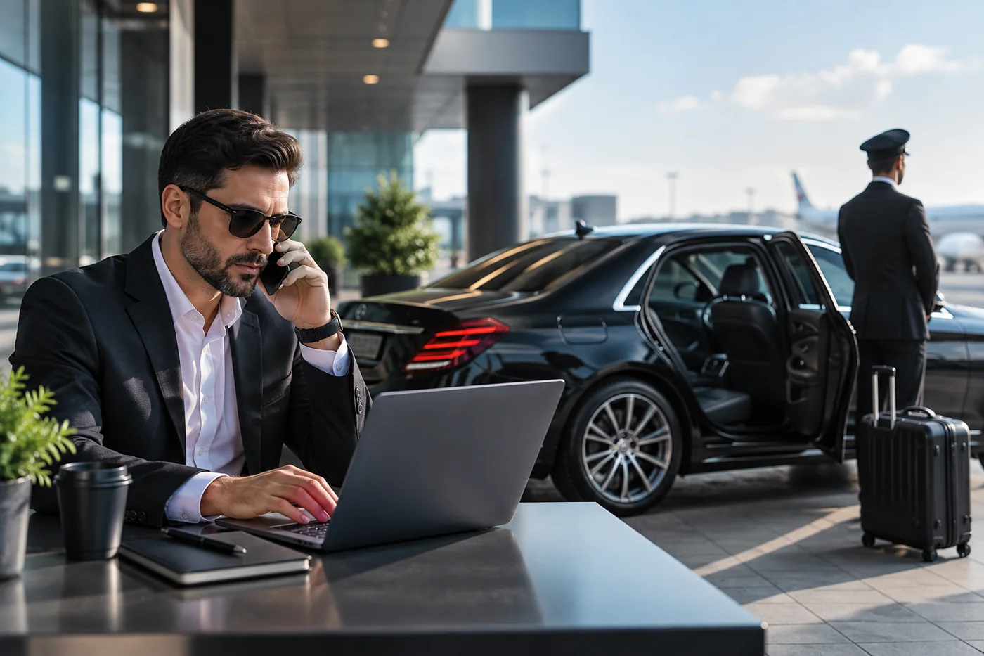 Business traveller on a phone call with a laptop while a chauffeur waits beside a black sedan at the terminal