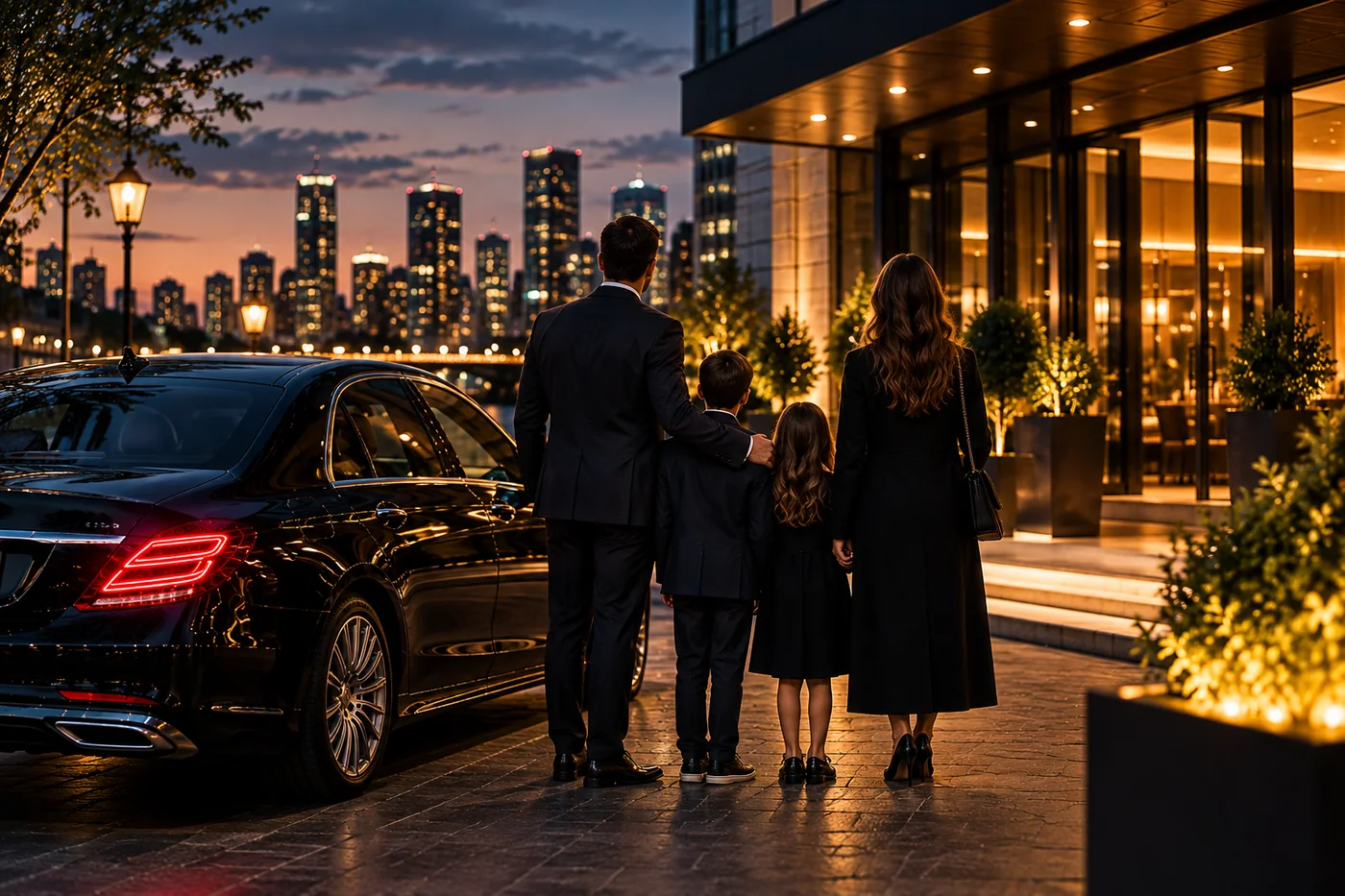 Family waiting beside a black sedan at a hotel entrance in the evening