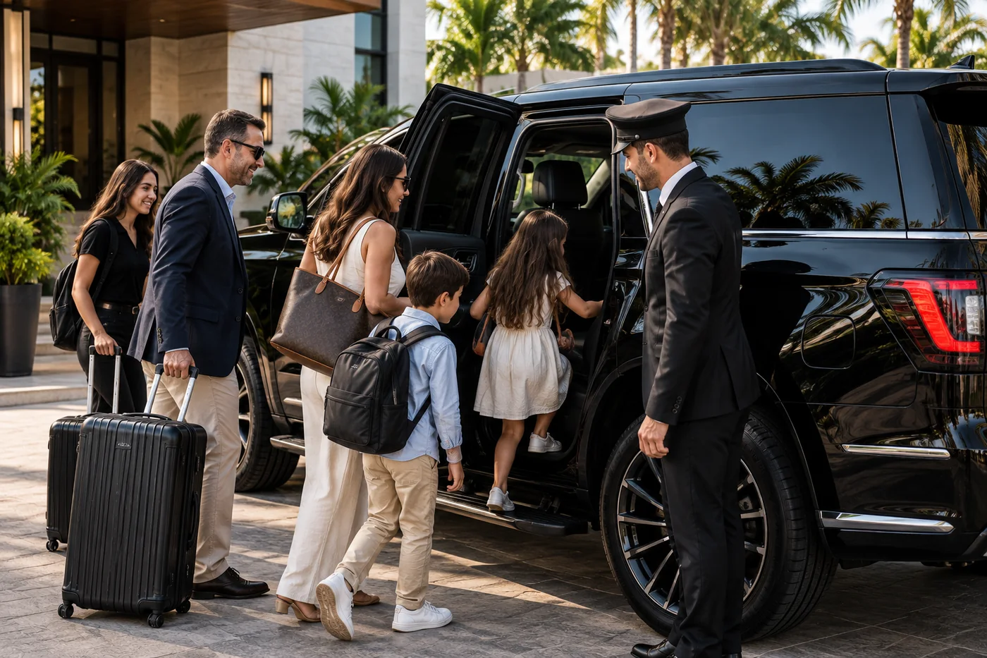 Family boarding a black SUV together while the chauffeur holds the door