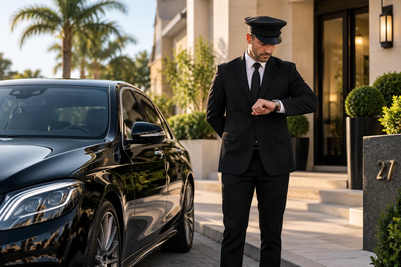 Chauffeur checking the time beside a black sedan at a West Palm Beach residence