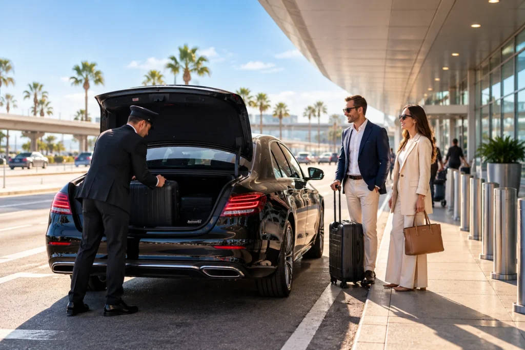 Chauffeur loading luggage into a black sedan for two travellers at an airport departures curb
