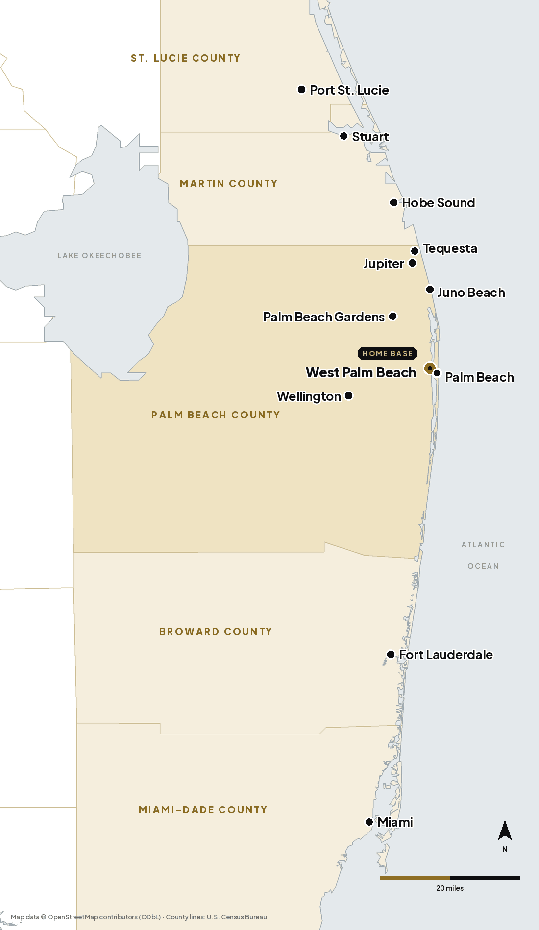 Map of Black Dog Limo service areas in South Florida: twelve towns across Palm Beach, Martin, St. Lucie, Broward and Miami-Dade counties, with West Palm Beach marked as home base